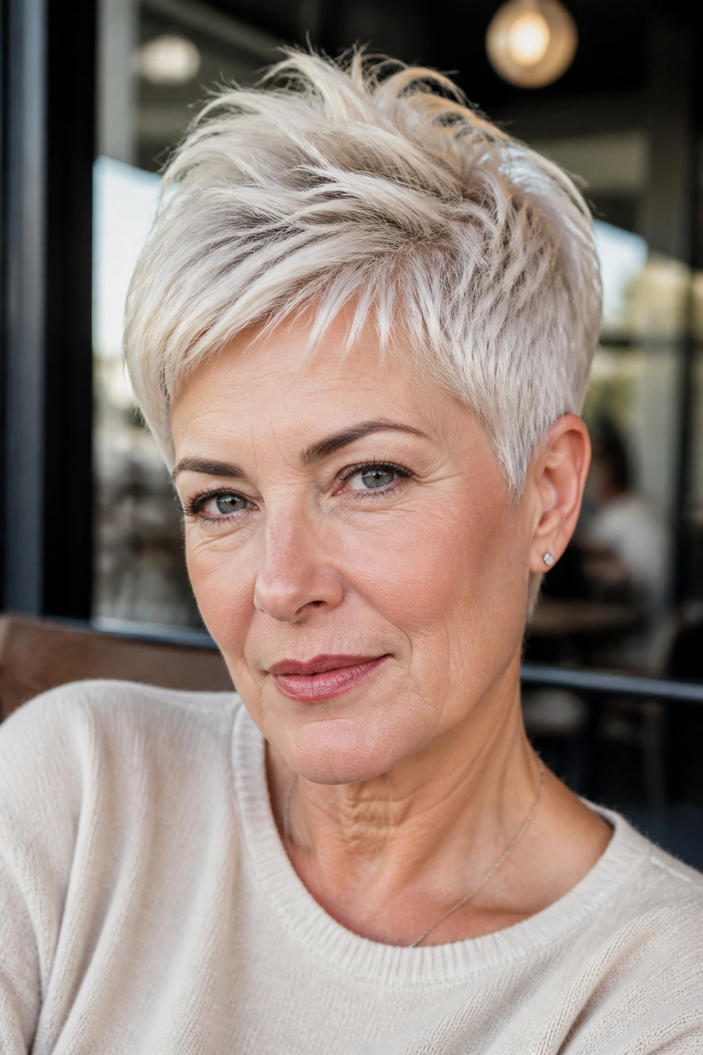 Close-up of a woman with a pearl blonde pixie cut and lifted crown.