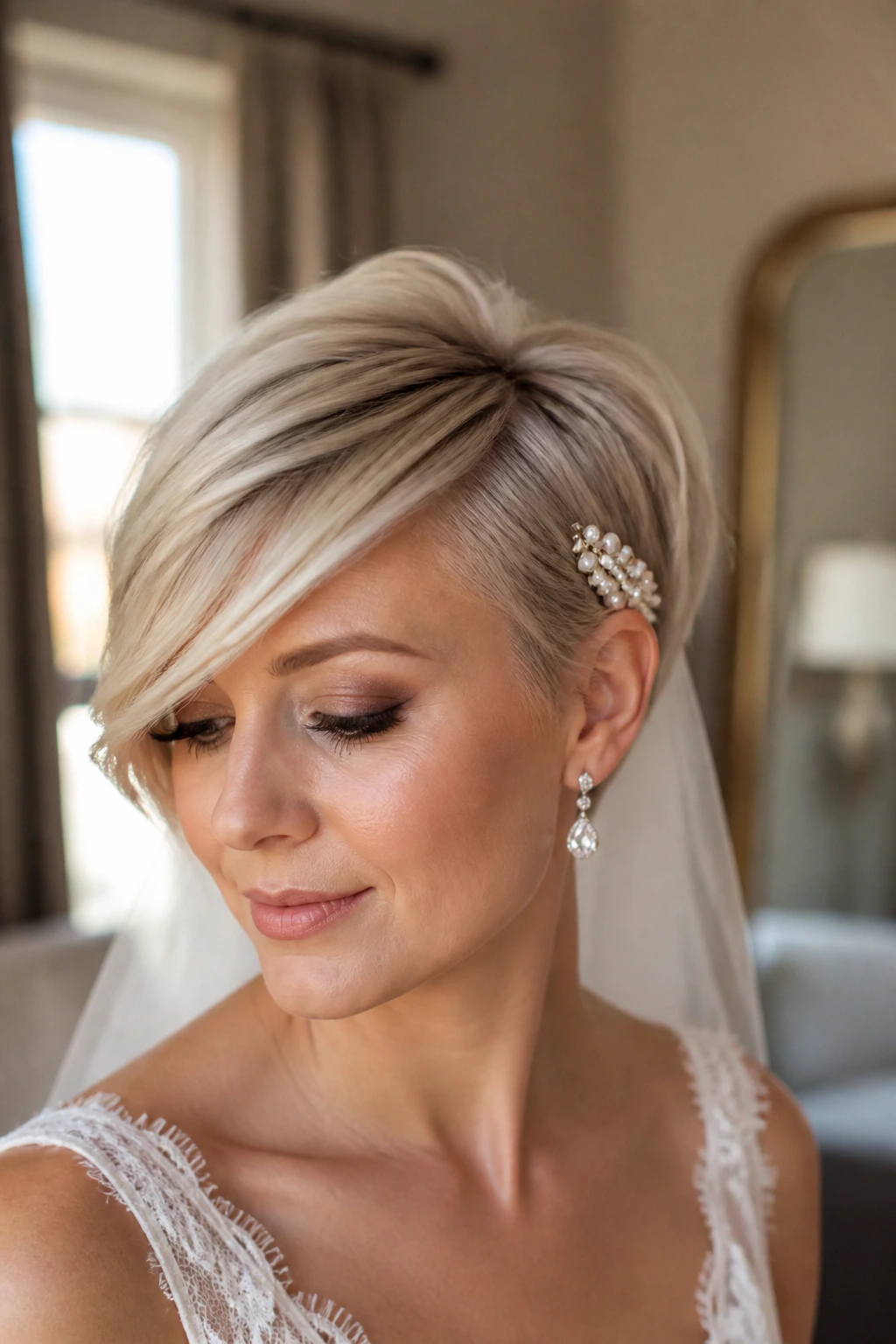 Close-up of a real bride with a pearl-swept side-part pixie and a single pearl comb