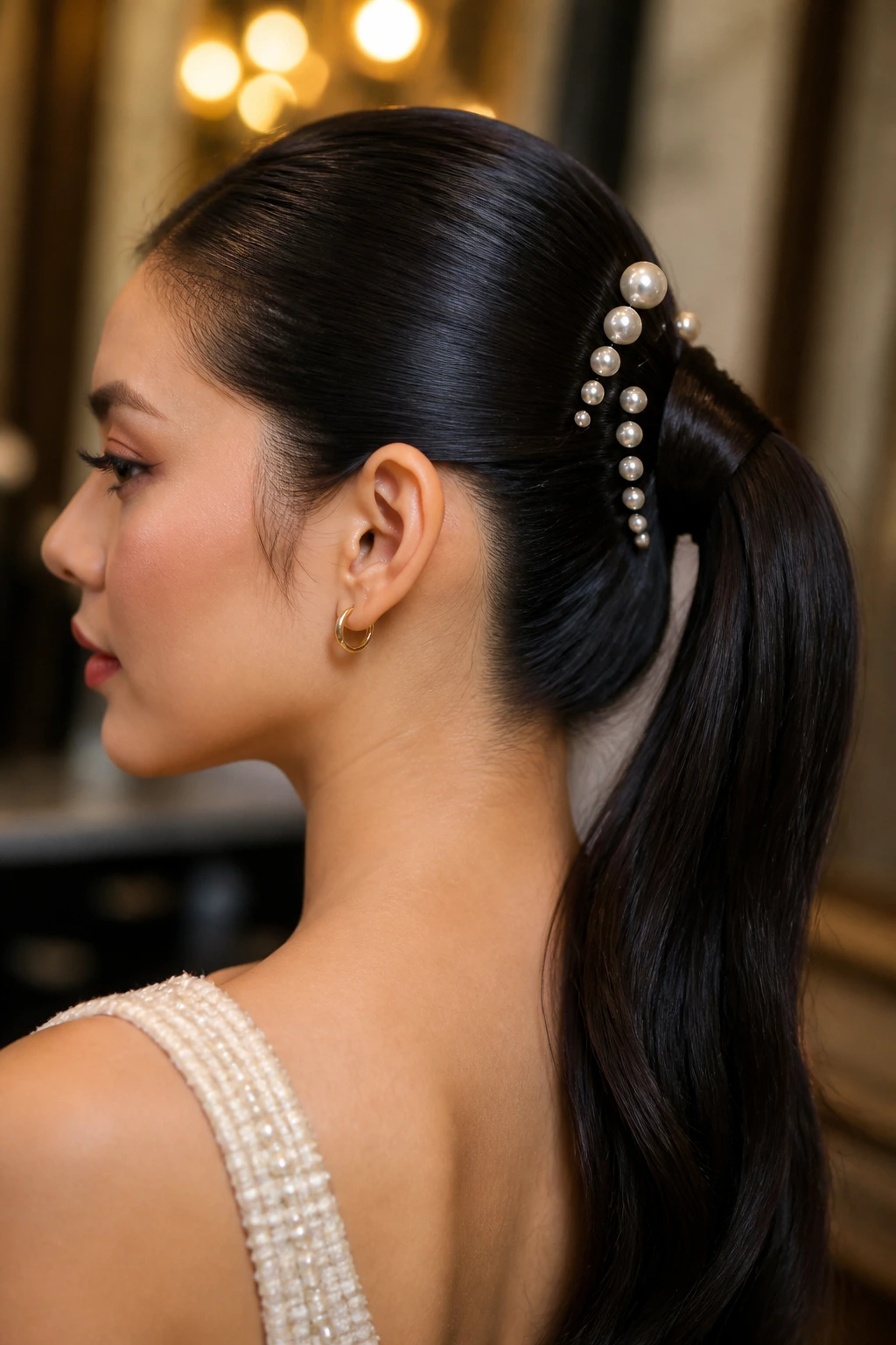 Portrait of a woman with a pearl-studded ponytail in warm indoor lighting