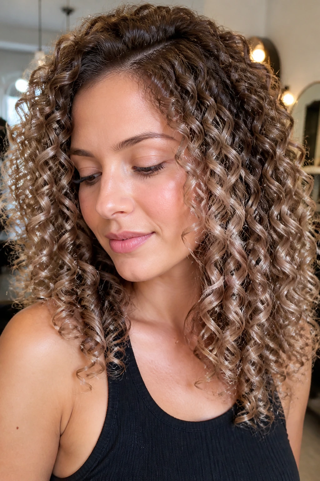 Close-up of a real woman's curly hair with pearl sheen highlights.