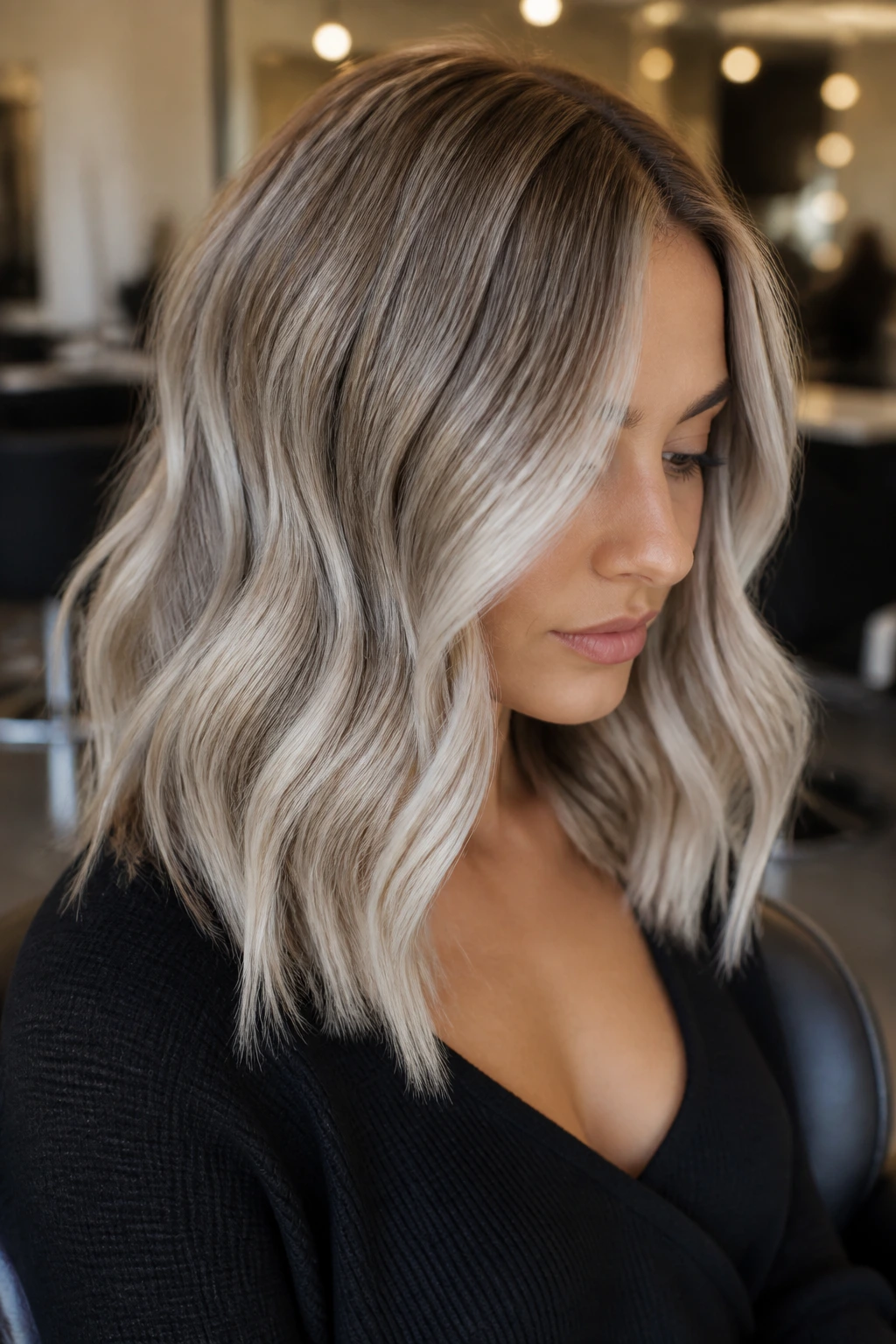 Shoulder-length dark blonde hair with pearl silver balayage