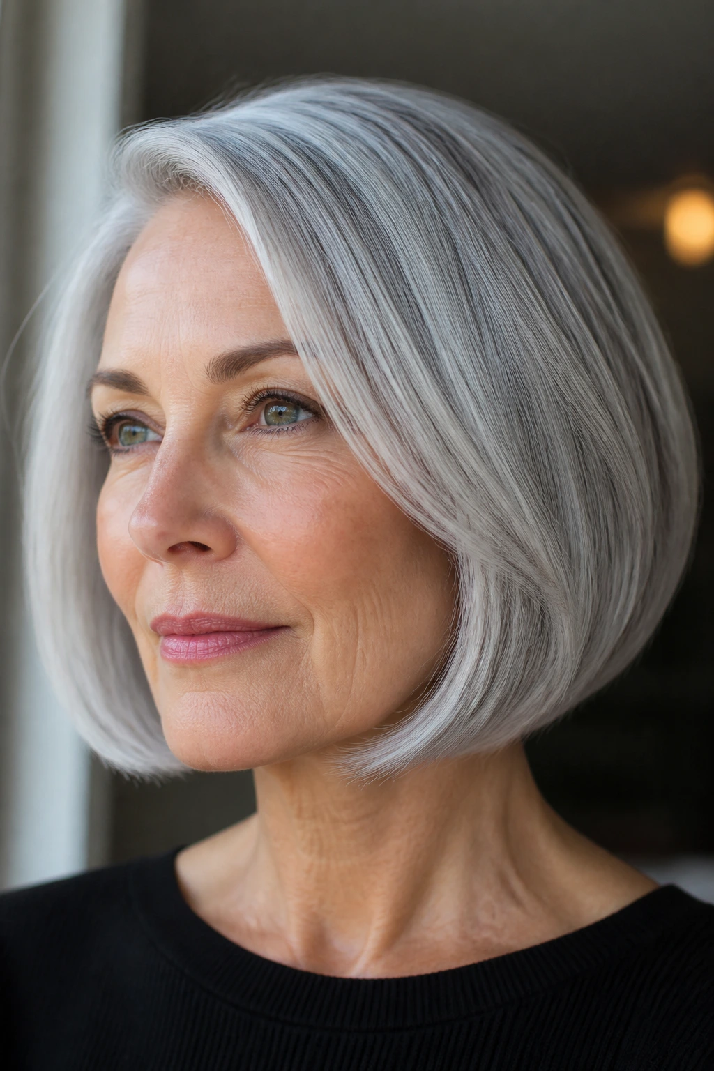 Portrait of a woman with pearl silver chin-length bob