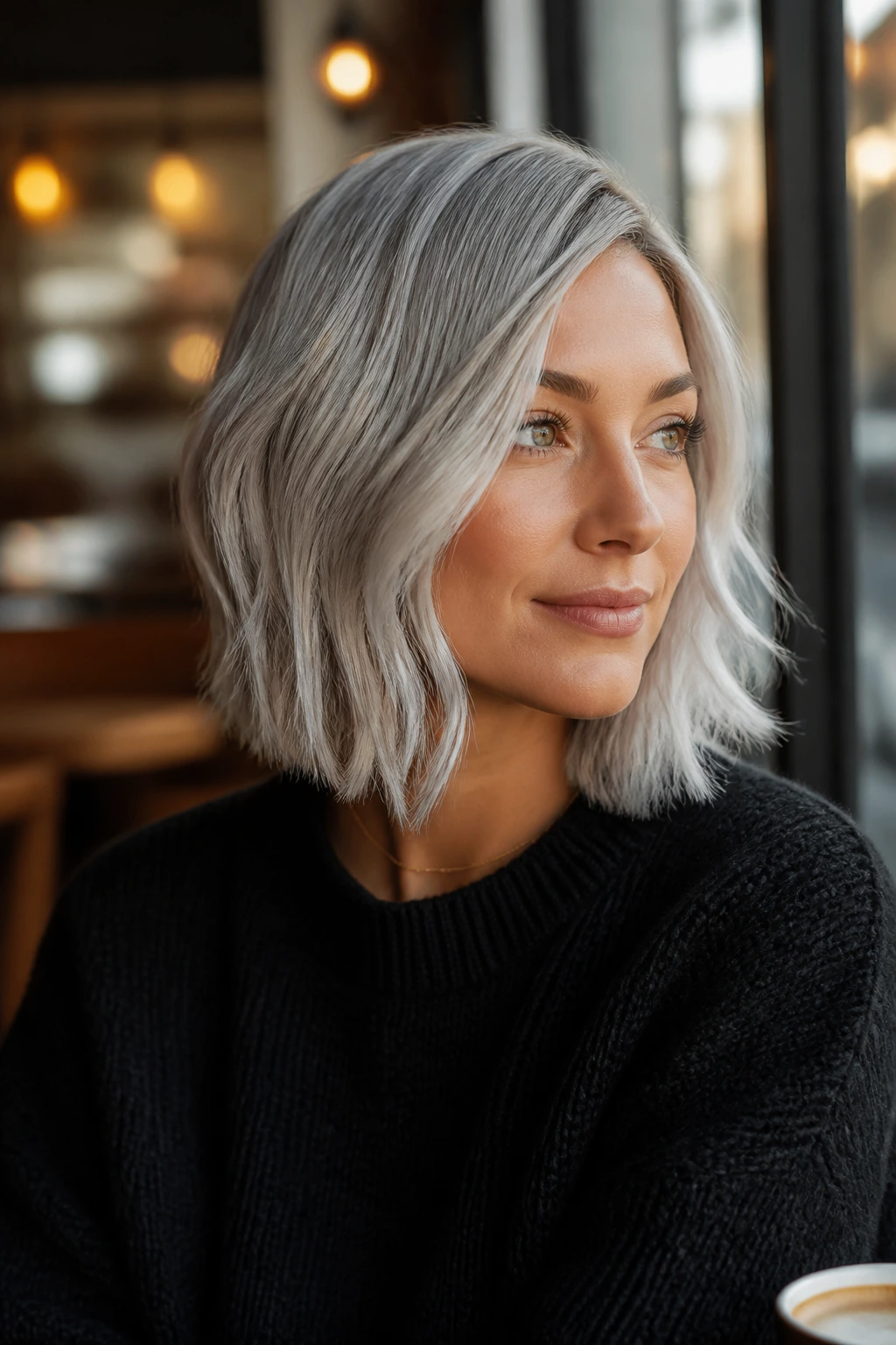 Portrait of a person with pearl silver lob and satin sheen