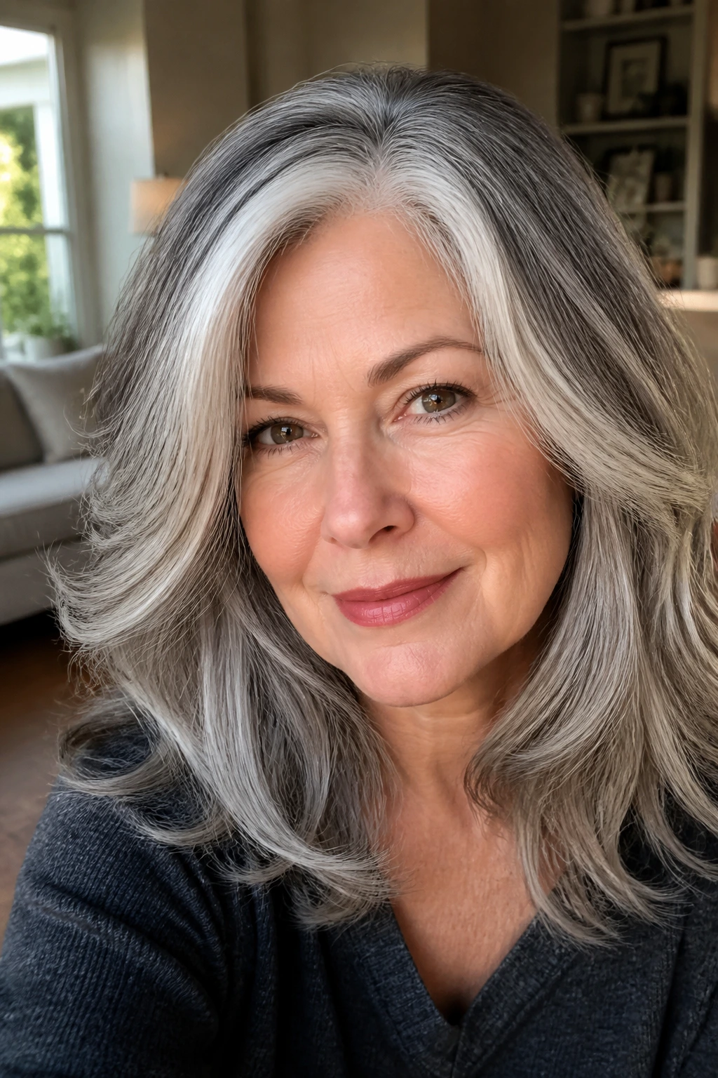 Portrait showing layered silver tones such as pearl fog and smoky root shadow
