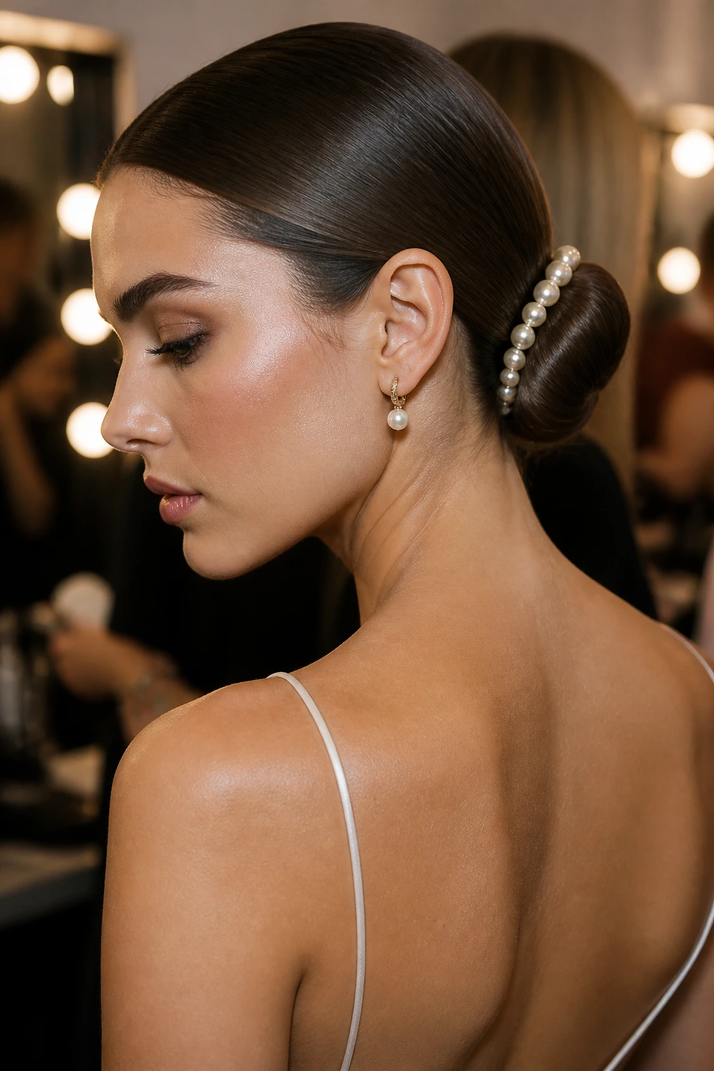 Close-up of a real woman's low bun with pearl accents
