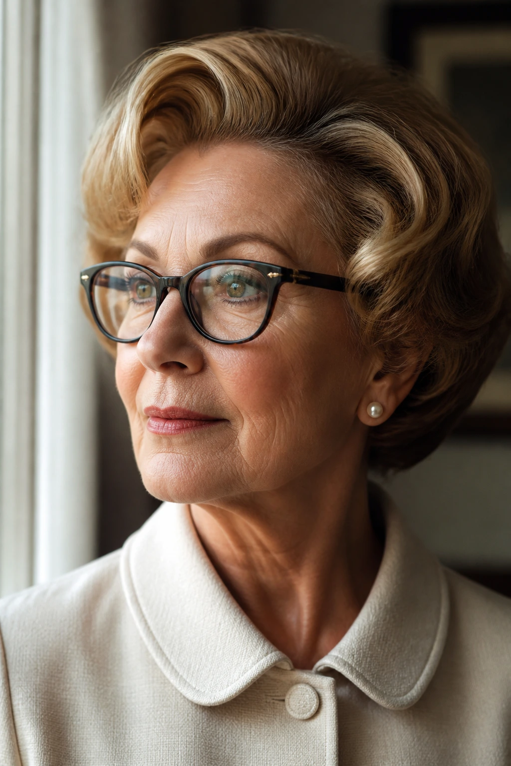 Close-up of a real woman wearing pearl stud earrings with a 1960s hairstyle