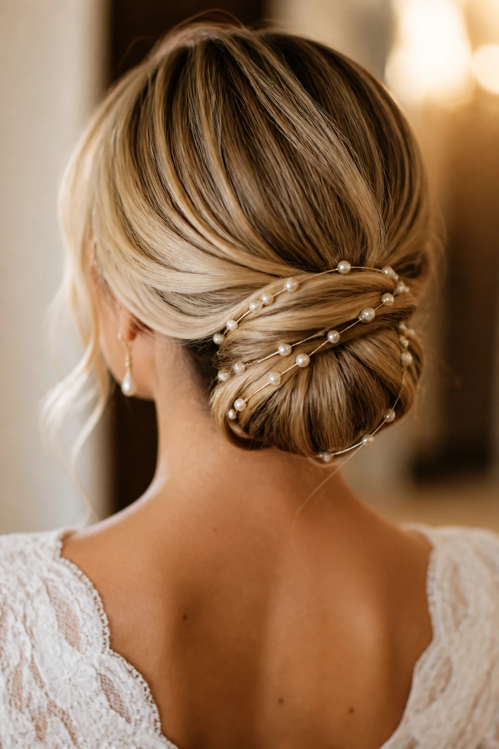Back view of a bride with a pearl-threaded low chignon.