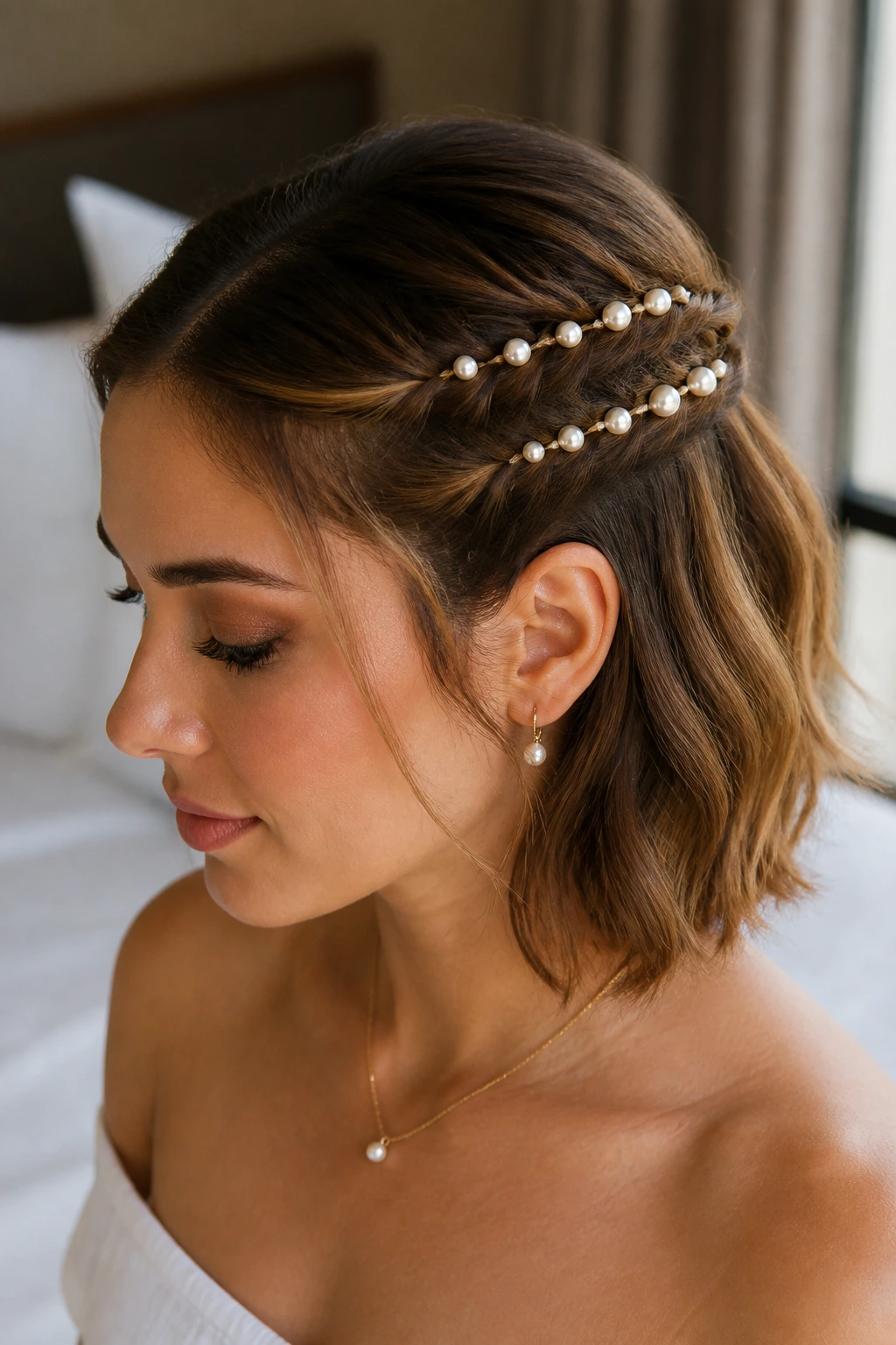 Close-up of a real woman with pearl-studded twists along the sides of her head.