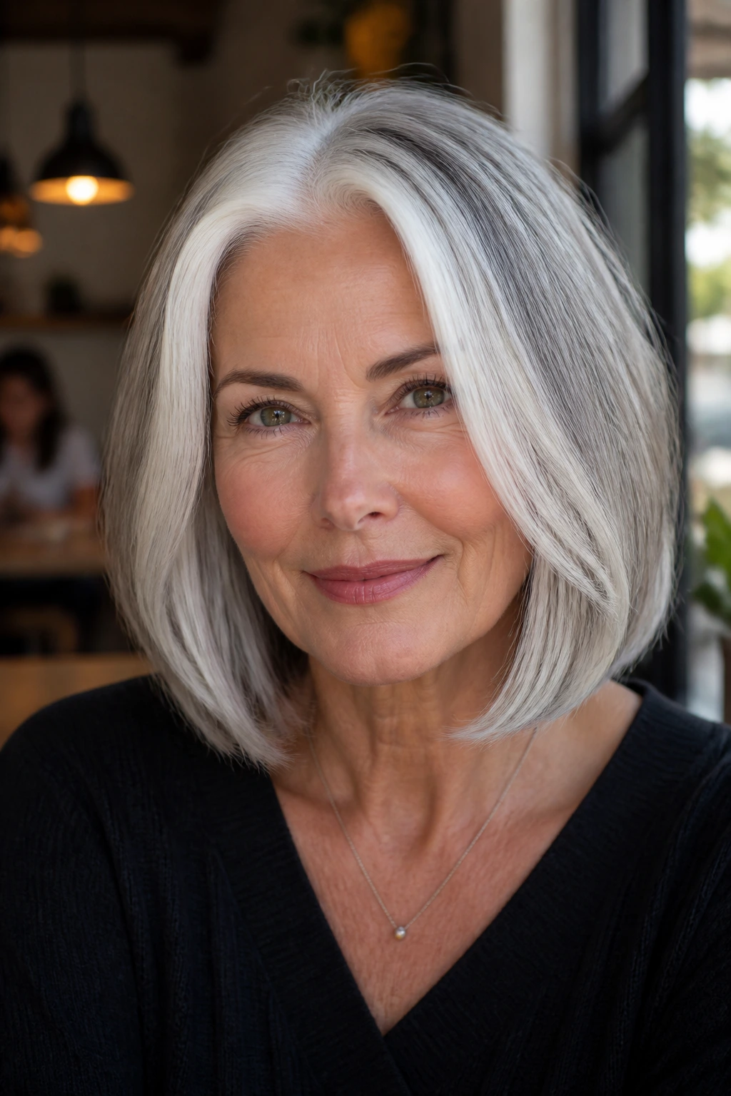 Close-up portrait of an older woman with a pearl-white face-framing lob