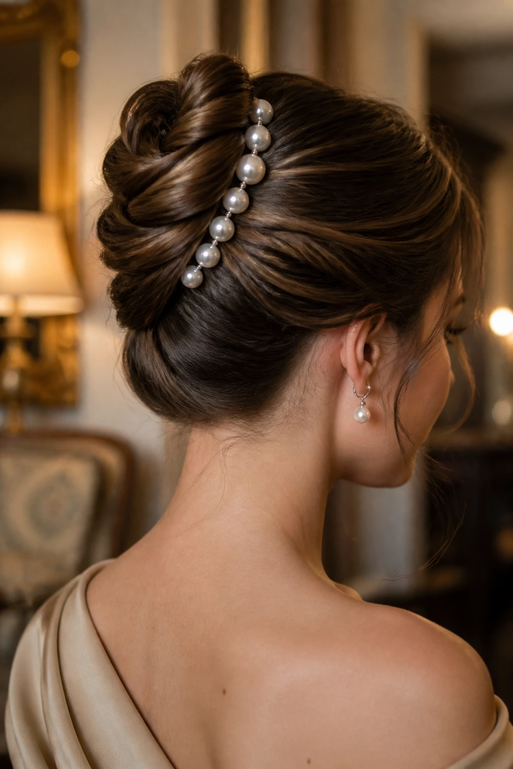 Close-up portrait of woman with pearled twist bun