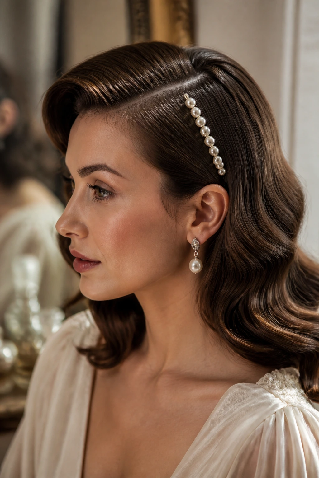 Real woman with deep side-parted waves and pearl pins along temple