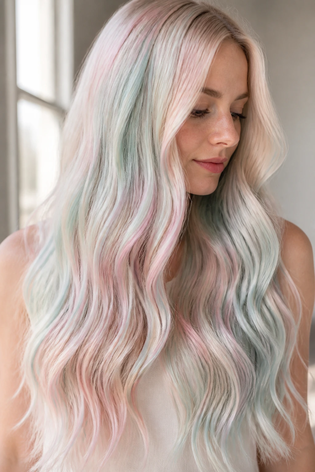 Long pearlescent pastel blonde hair with pink mint blue highlights and shimmer