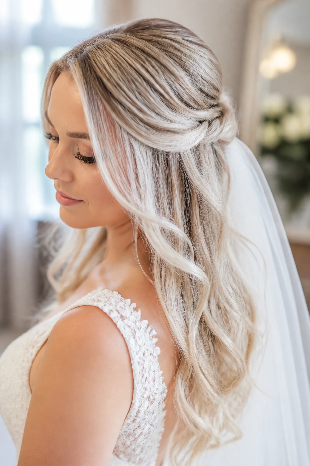 Bride with Pearlized Foilayage Blonde exhibiting bright highlights and pearl gloss