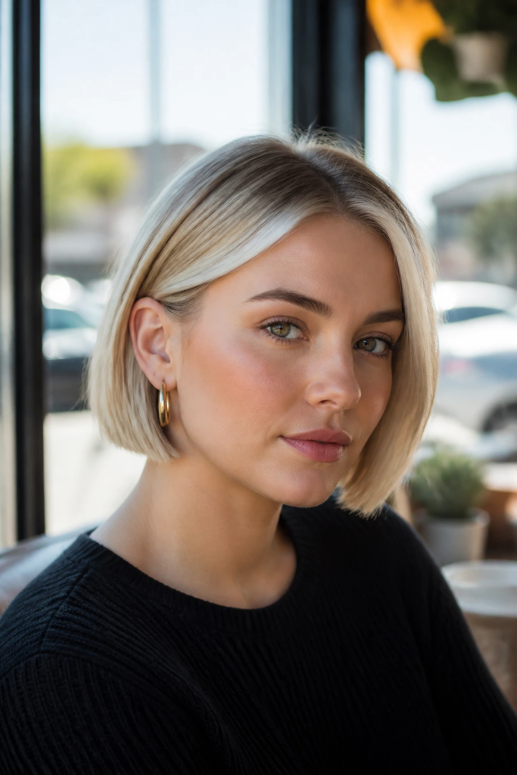 Close-up of a real woman with a pearlized money piece on a short bob.