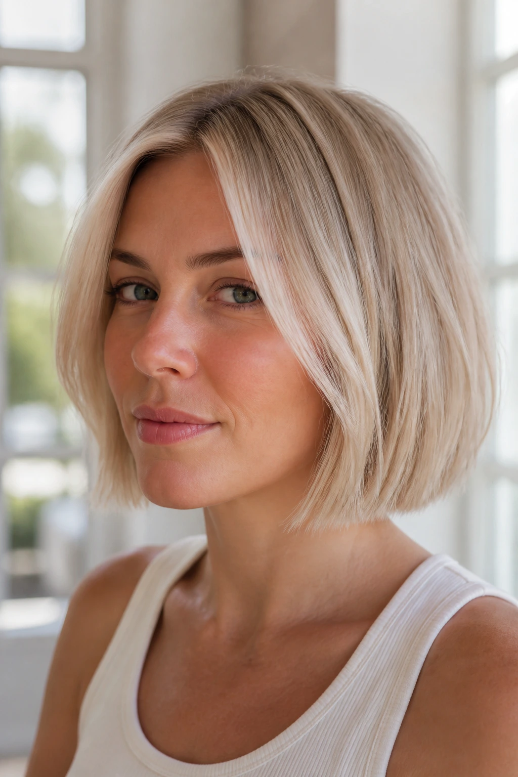 Close-up of a real woman with a pearly beige bob under bright natural light