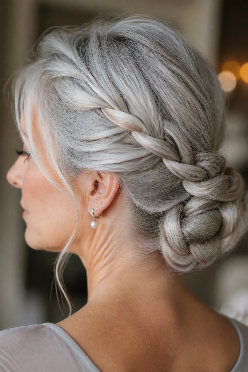 Close-up of a real woman with a pearly braided low bun and silver strands
