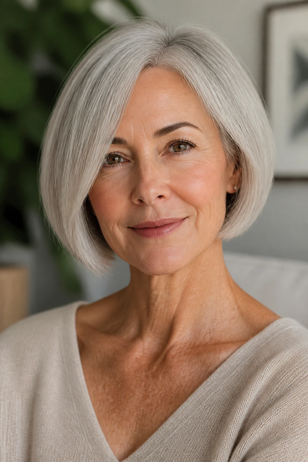 Real woman with pearly gray chin-length crop in a clean portrait