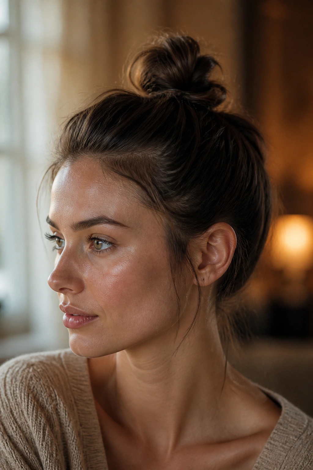 Close-up of a real person showing a tiny high pebble topknot on short hair