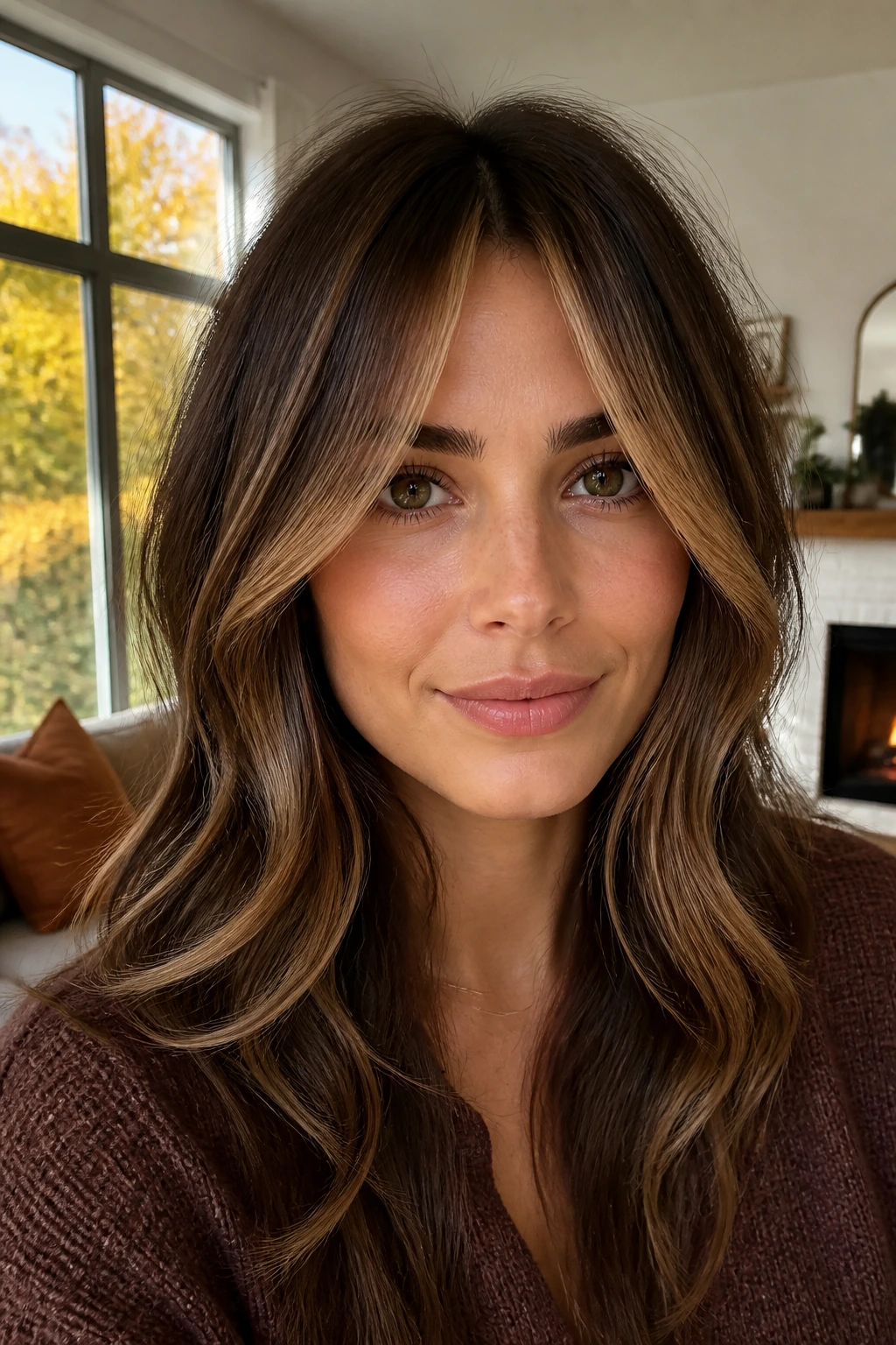 Close-up of a real woman with warm pecan face-frame balayage around her face