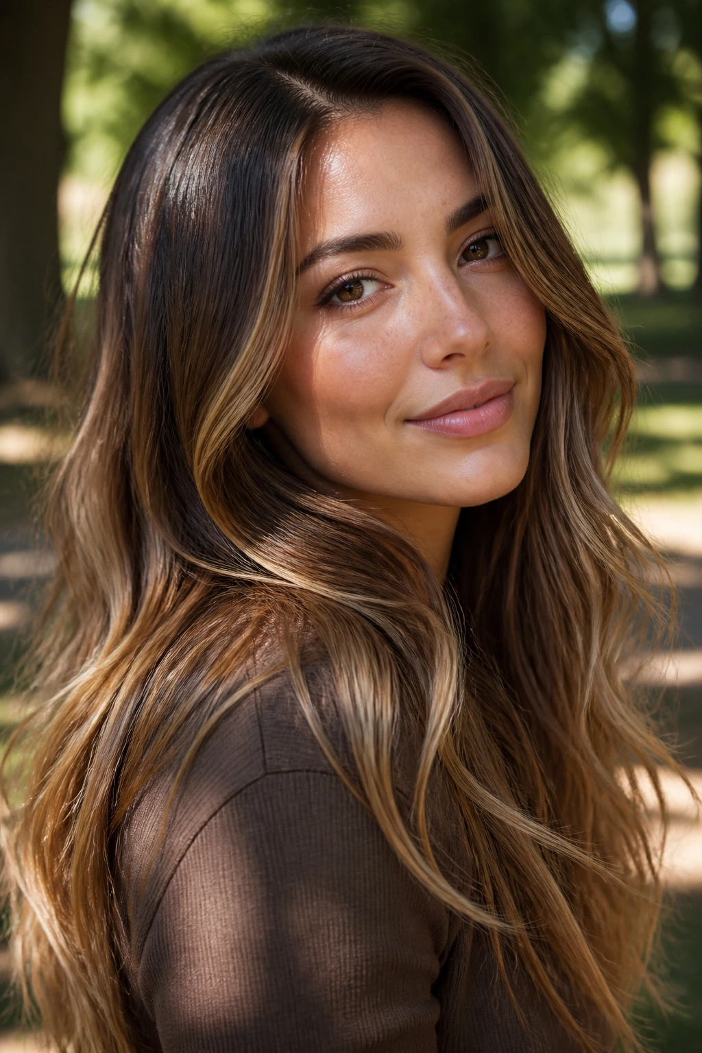 Portrait of a real woman with pecan bronde and dimensional ends.