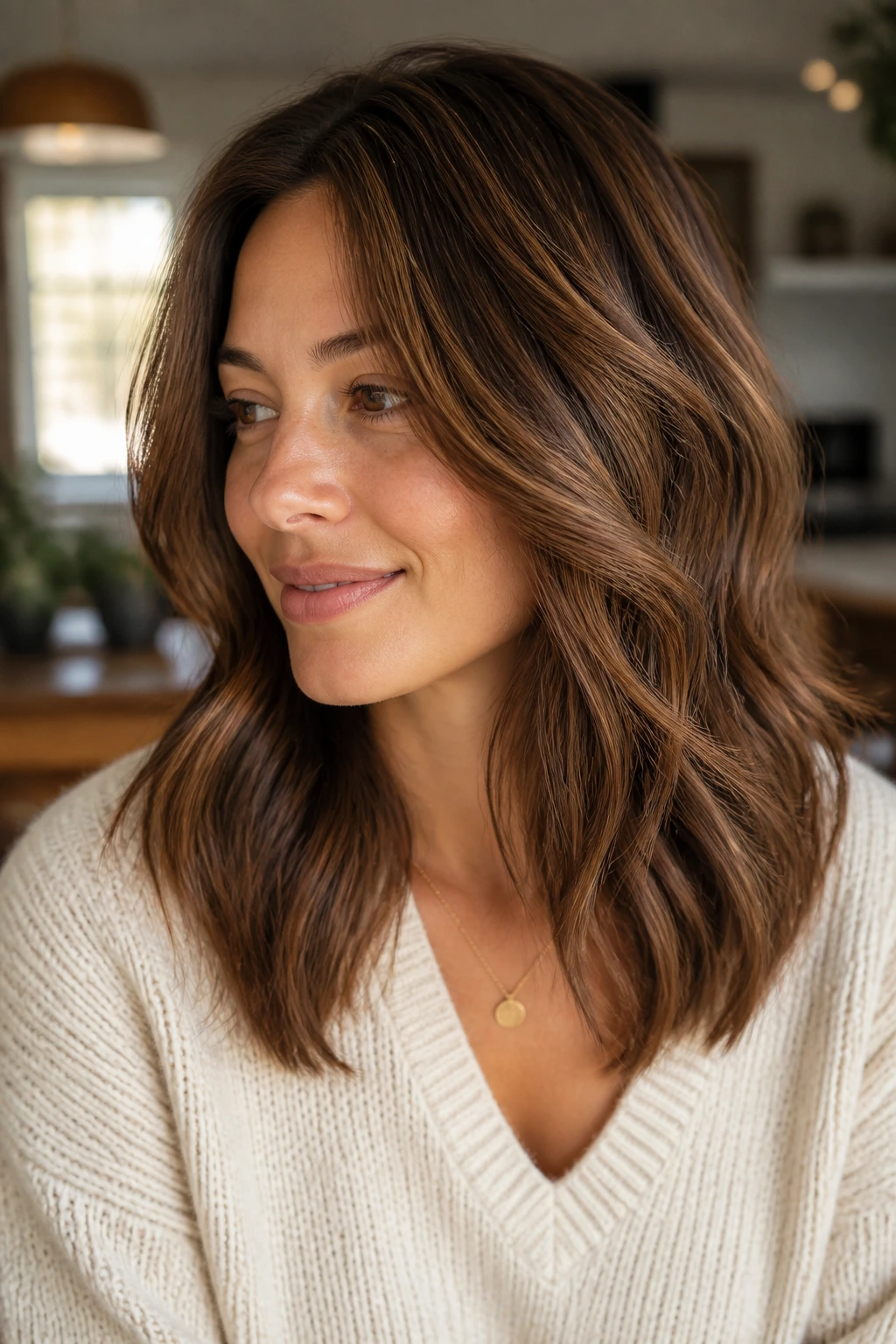 Close-up portrait of a real woman with pecan brown lowlights creating depth