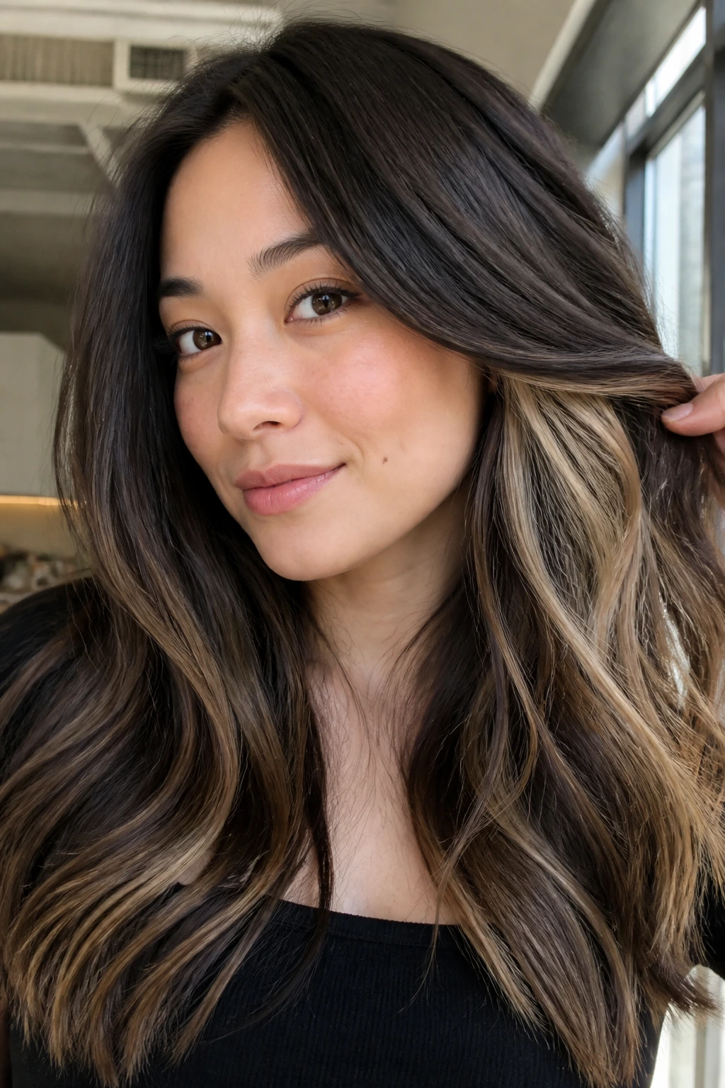 Beige blonde peekaboo balayage on brunette hair