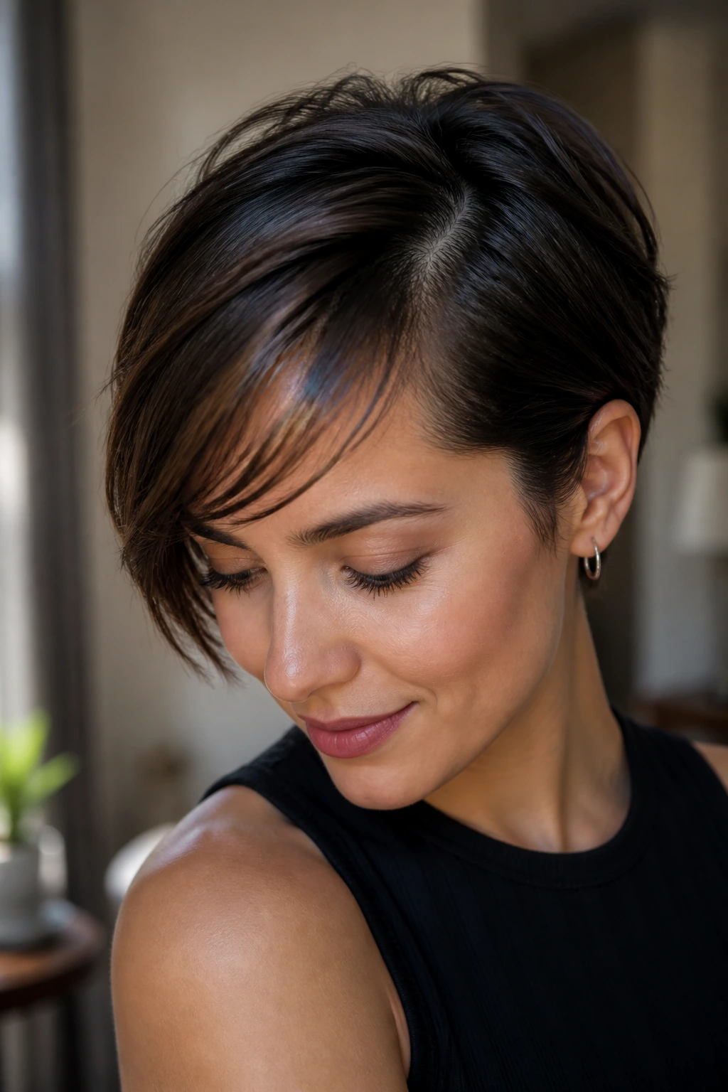 Real person with peekaboo bangs under a deep side part, visible underlayer