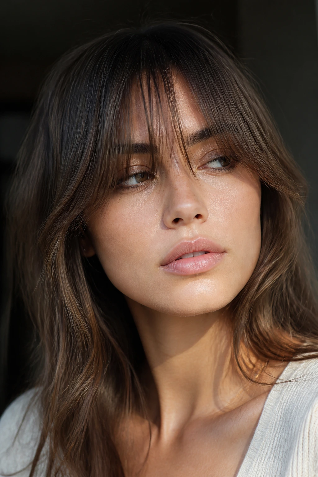 Close-up portrait of a real woman with peekaboo bangs skimming the eyes.