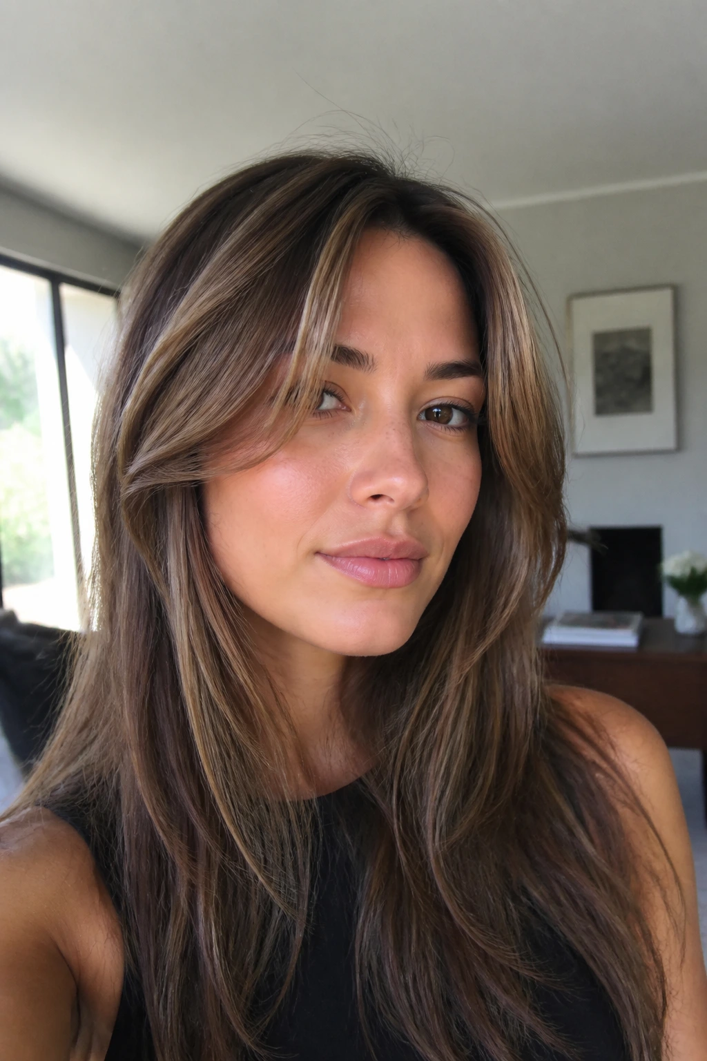 Close-up of a real woman with long peekaboo bangs that start high and sweep to the sides