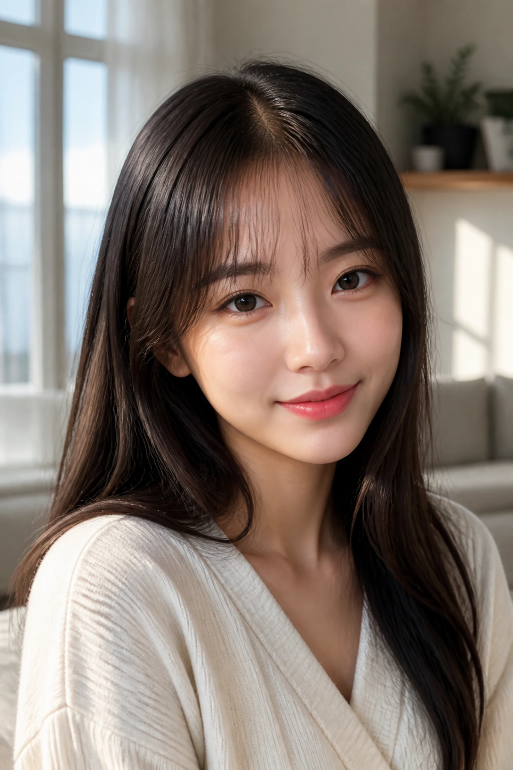 Close-up portrait of a woman with tiny peekaboo bangs showing a hint of forehead in natural light