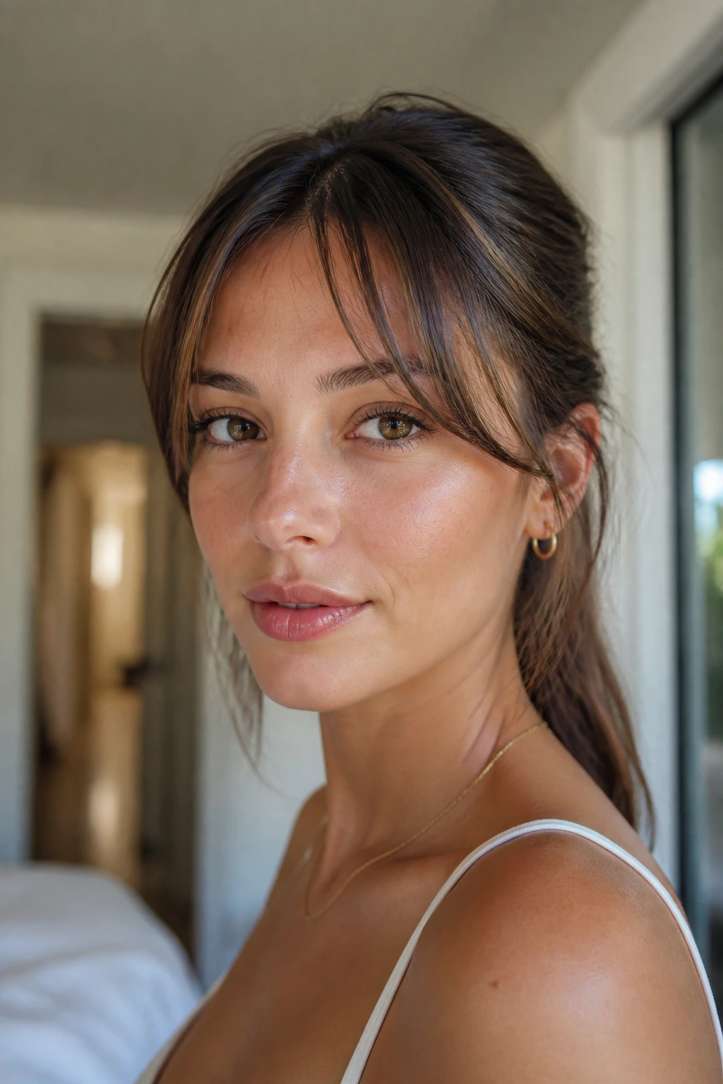 Close-up of a real woman with peekaboo bangs tucked behind ears