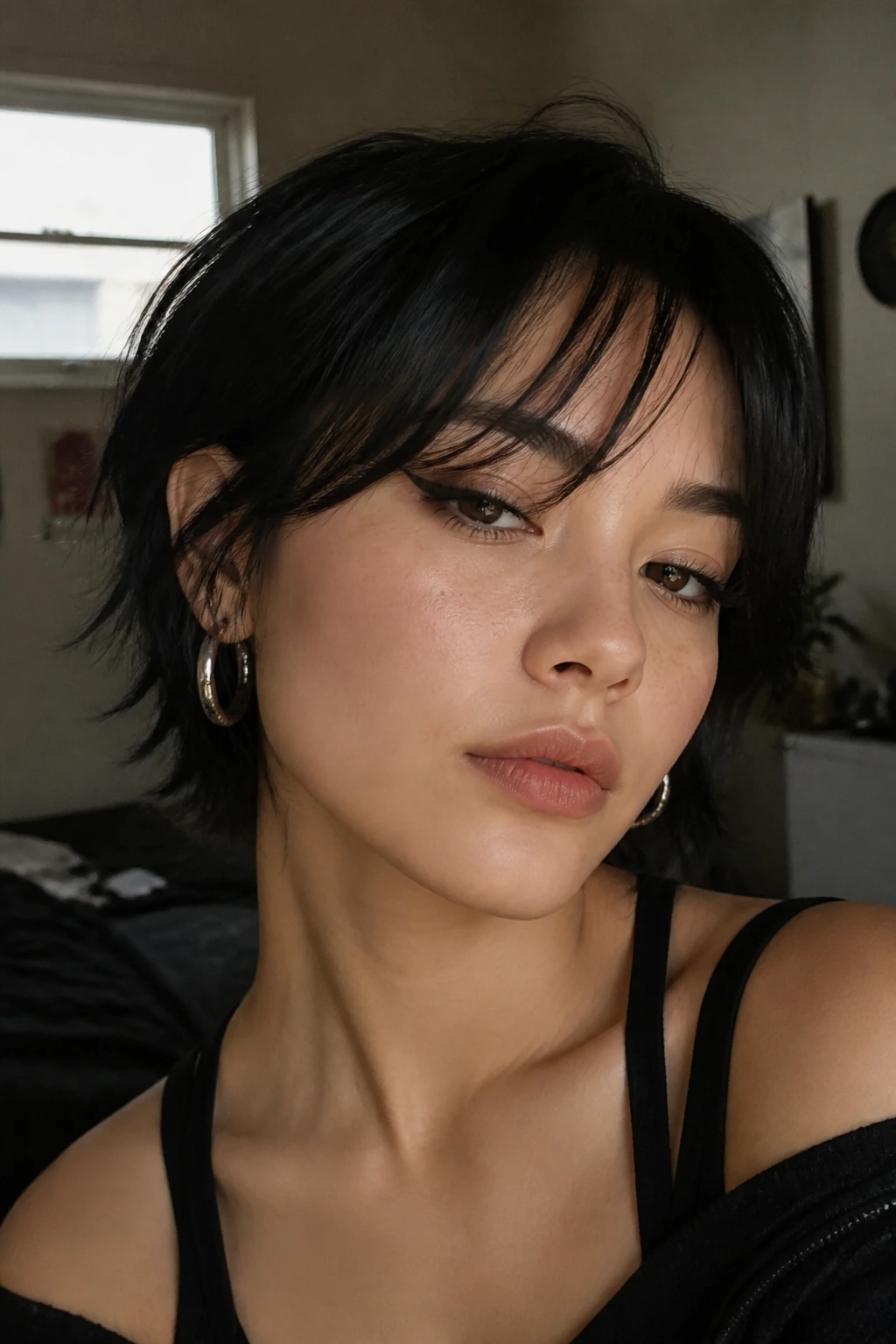 Close-up portrait of a real person with peek-a-boo bangs on short dark hair, soft natural window light.