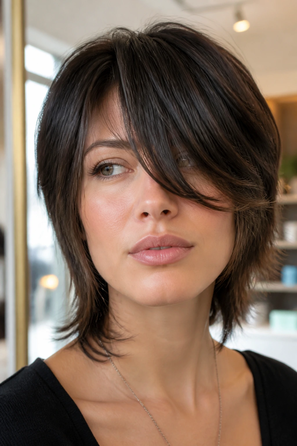 Close-up portrait of a woman with sleek short shag and long peekaboo bangs in warm window light