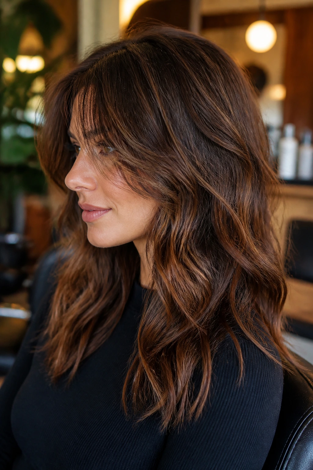 Side profile of a real woman with peekaboo bangs under wavy lengths in a salon setting.