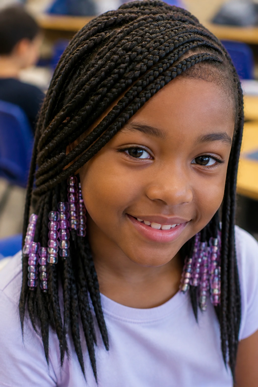 Close-up of a real child with bead accents peeking from beneath top braids.