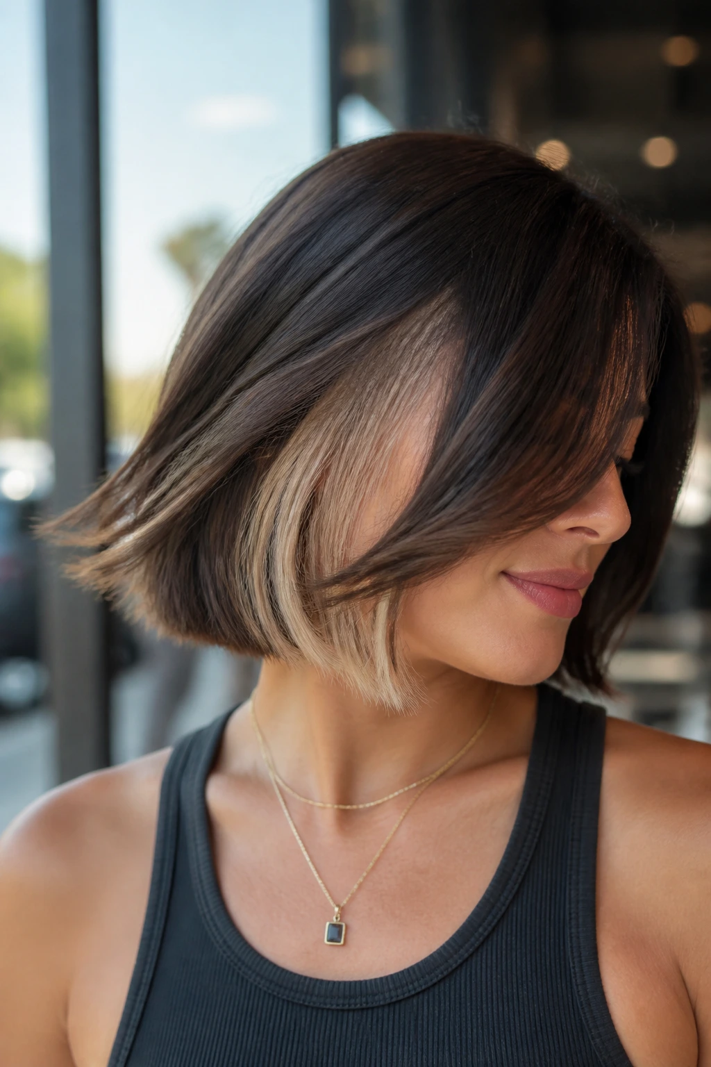 Close-up of real woman's bob with peekaboo highlights under the top layer