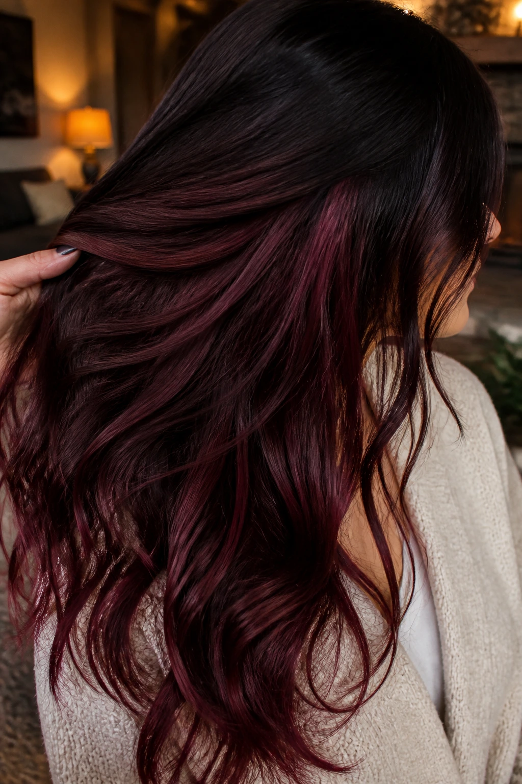 Close-up portrait of a real person with burgundy peekaboo panels under the top layer