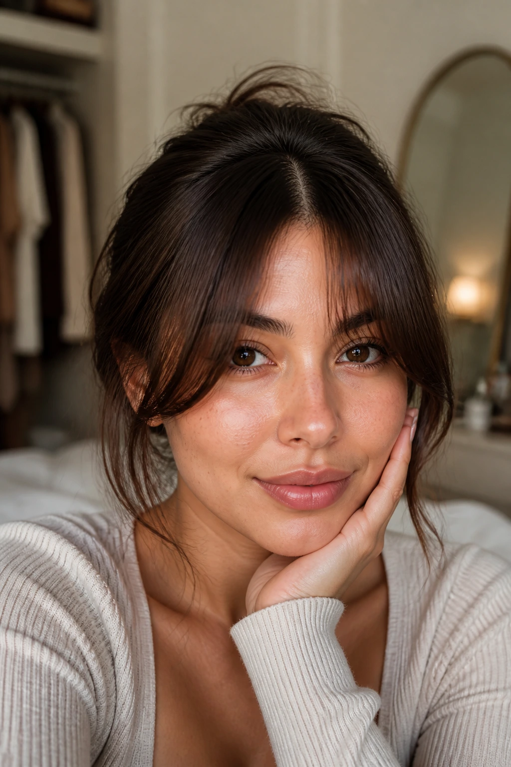 Real person with center fringe showing a hint of skin at the forehead