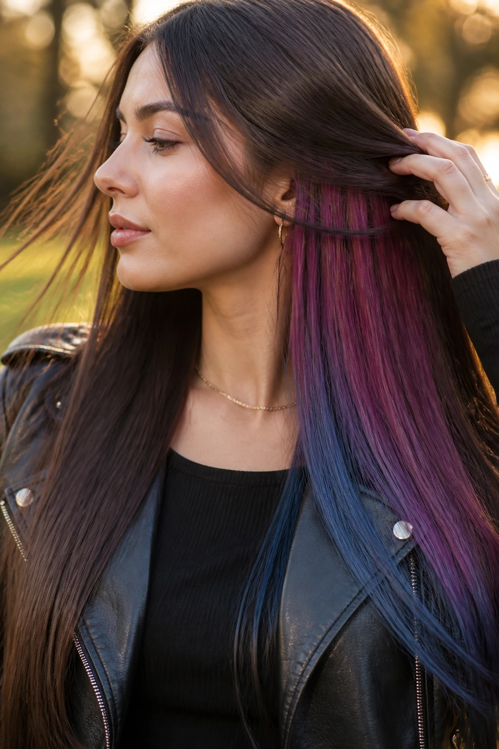 Real person shows peekaboo color panels under straight hair in golden hour light