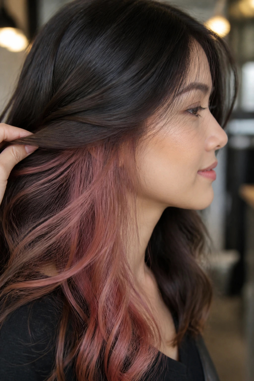 Portrait showing hidden rose-gold underlights peeking through dark top layer.