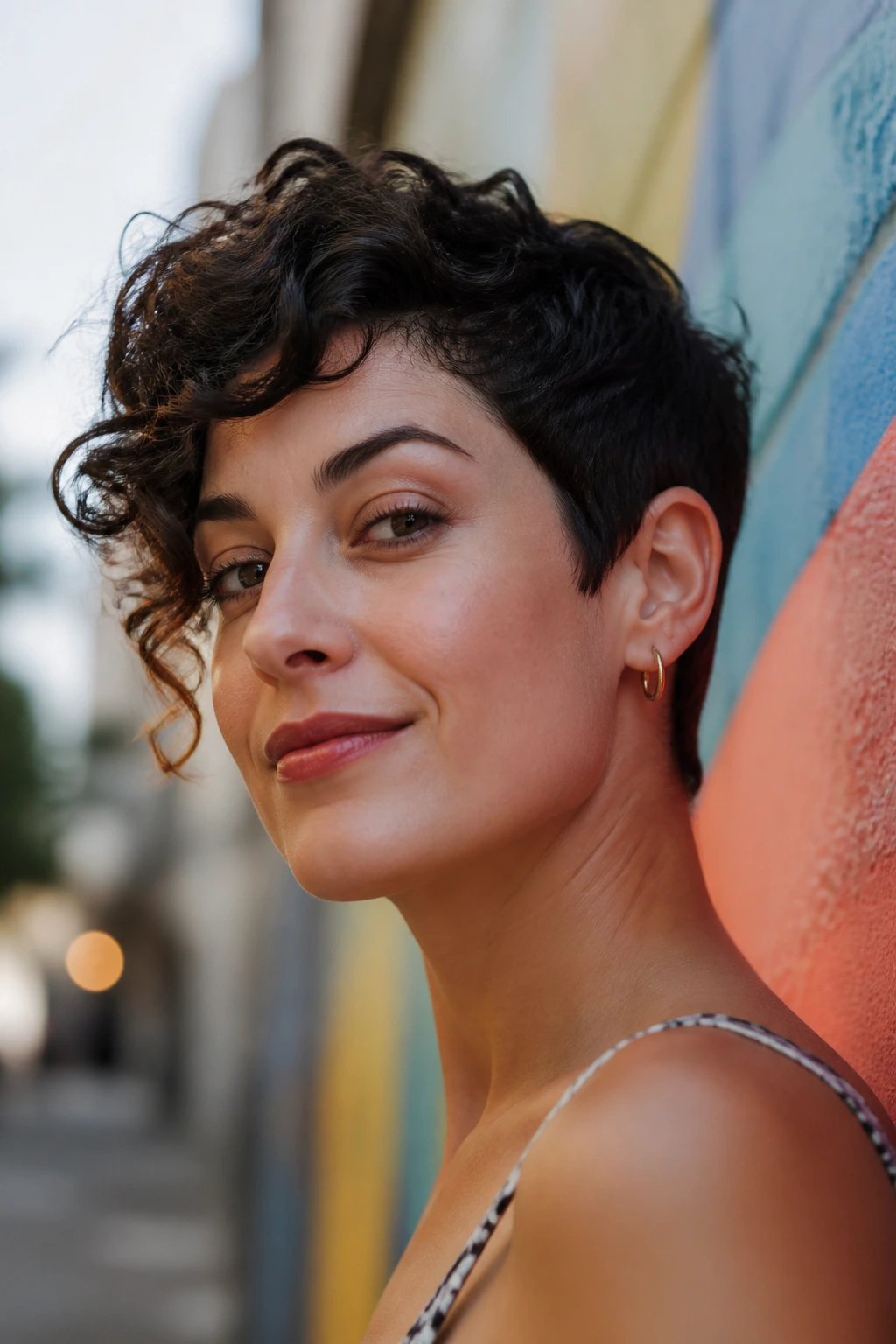 Close-up portrait of a real woman wearing a peekaboo curl pixie showing hidden curls.