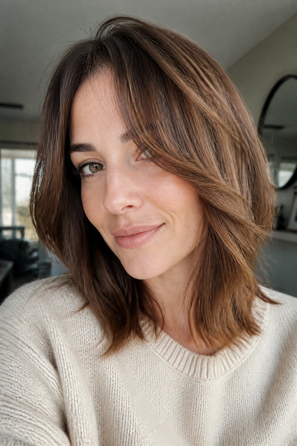 Real person showing peekaboo curtain bangs with hidden front bits