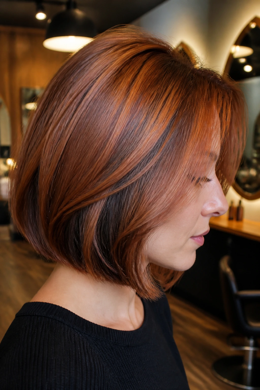 Close-up portrait of a real woman with a dimensional copper bob revealing hidden lowlights