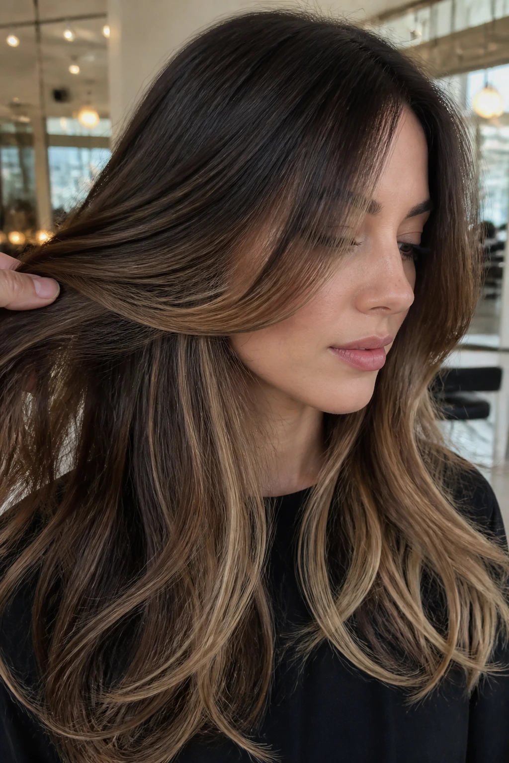 Close-up of peekaboo foilayage under layers on a real person