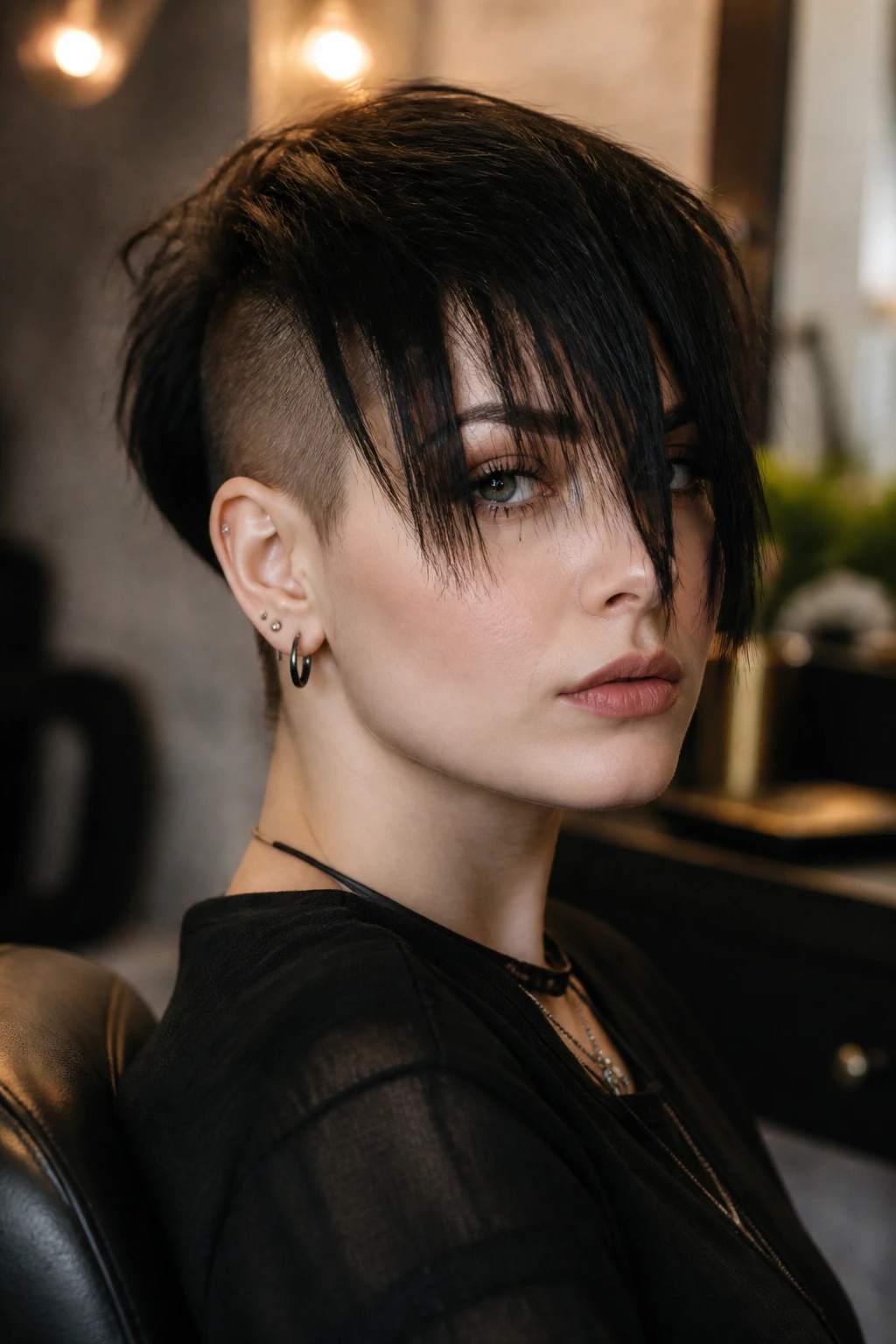 Close-up of a real person showing peekaboo fringe over an undercut