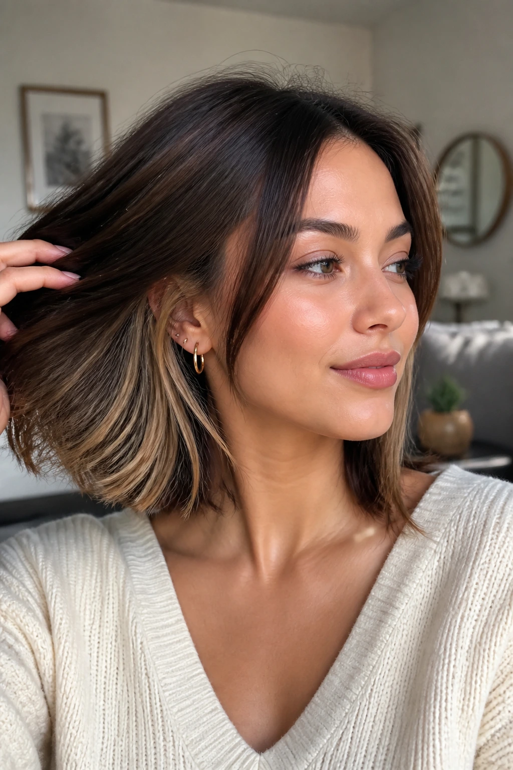 Portrait of a woman displaying hidden peekaboo highlights under the top layer near the nape