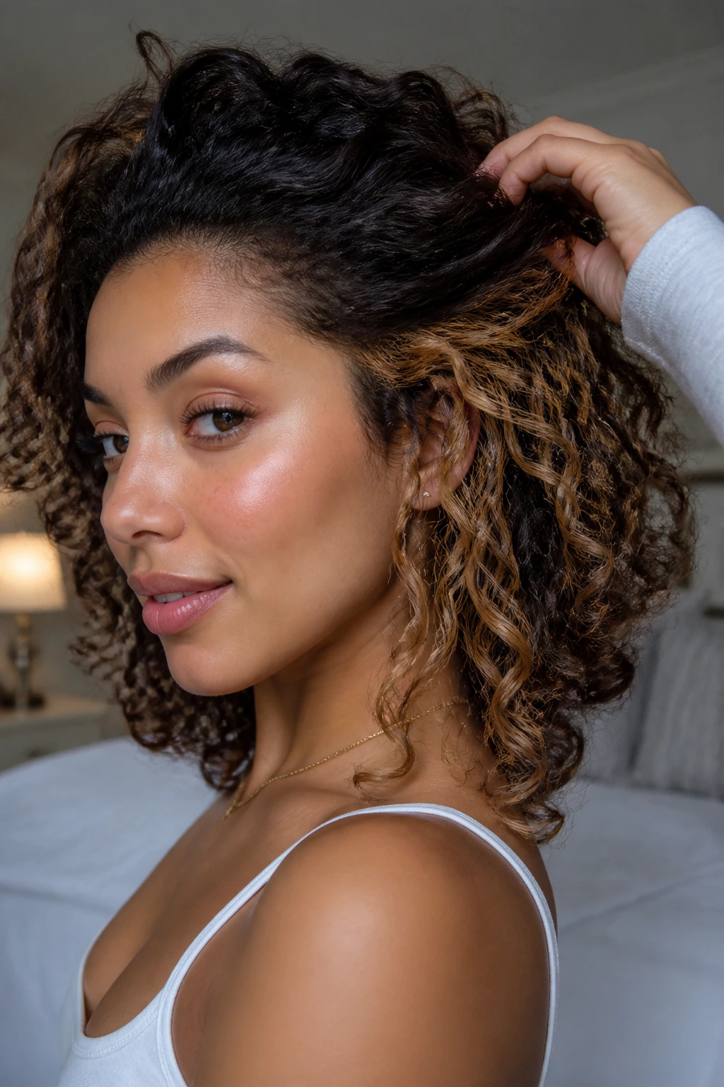 Close-up of curls showing hidden honey panels under the top layer