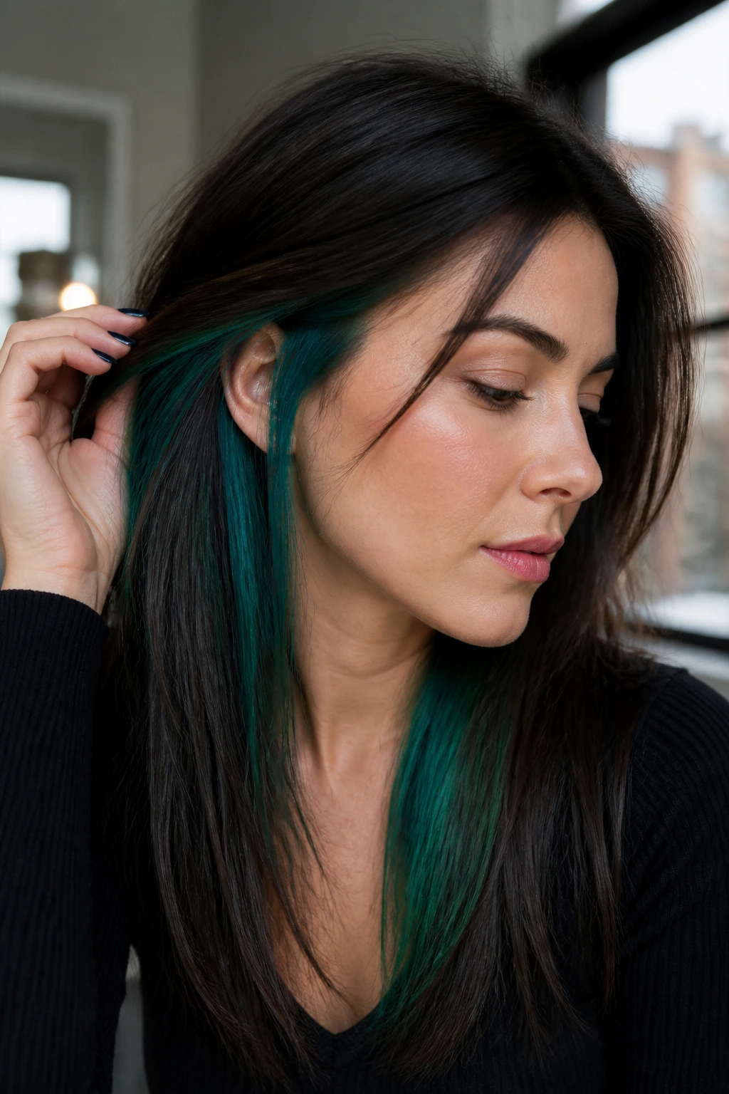 Close-up portrait of a real woman with under-layer jewel-tone panels peeking through straight hair