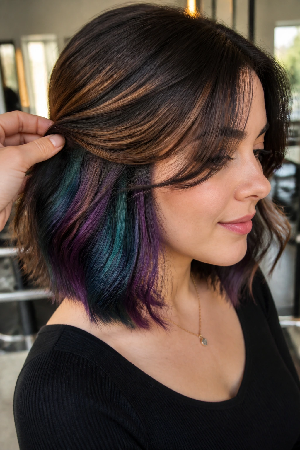 Lob hairstyle with hidden jewel-tone panels visible when the hair moves.