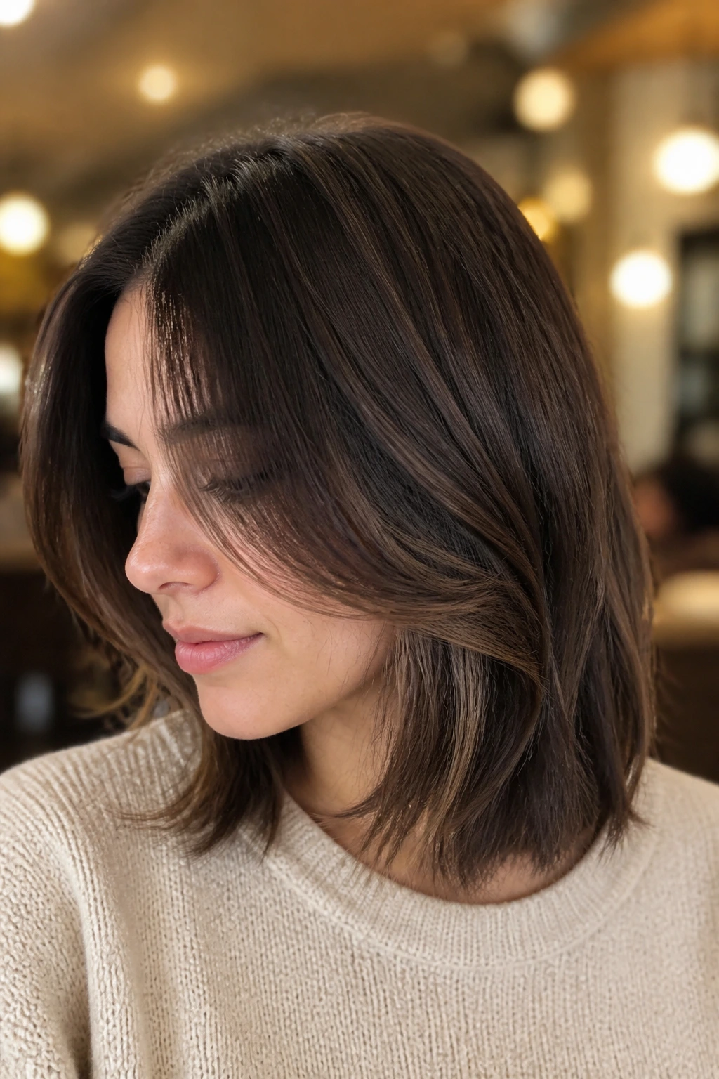 Close-up of a real woman with hidden peekaboo layers that reveal movement around the jaw
